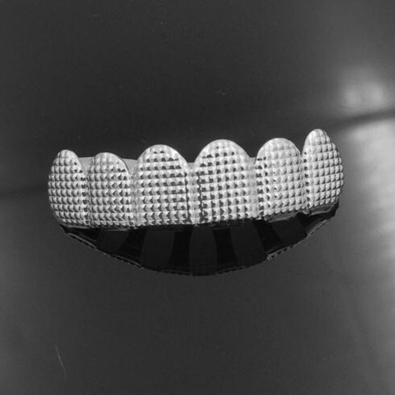 Hip hop masculino 6 topo & inferior ouro cor prata falso metal dentes grillz conjunto colisão treliça grades dentárias para o corpo feminino jóias: Silver Top