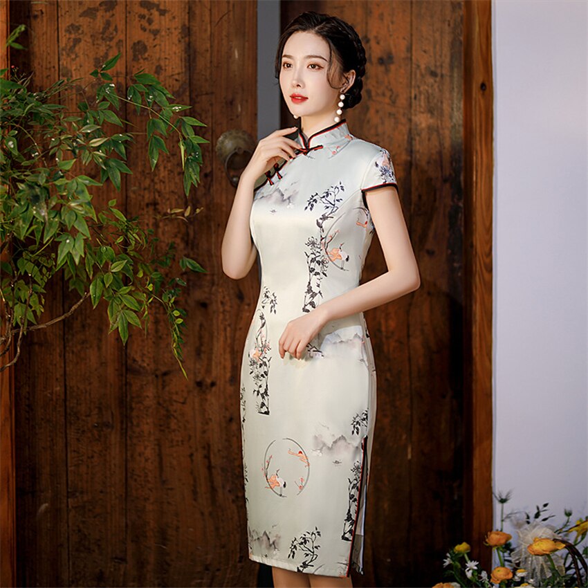 2022 Traditionele Chinese Kleding Voor Vrouwen Sexy Elegante Verbeterde Qipao Bloemenprint Jurk Banket Side Slit Strakke Cheongsam