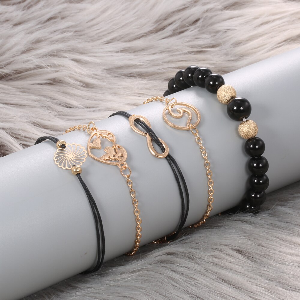 5 Pz/impostato Boho Cuore Mappa Cavità Del Fiore Del Branello A più Strati Del Braccialetto per Le Donne Catena Braccialetto Squisito Bracciale A Catena in Oro impostato