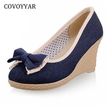Covoyyar denim sød sløjfe kvinder pumps forår sommer wedges dame høje hæle rund tå casual lavvandede sko slip on whh 618
