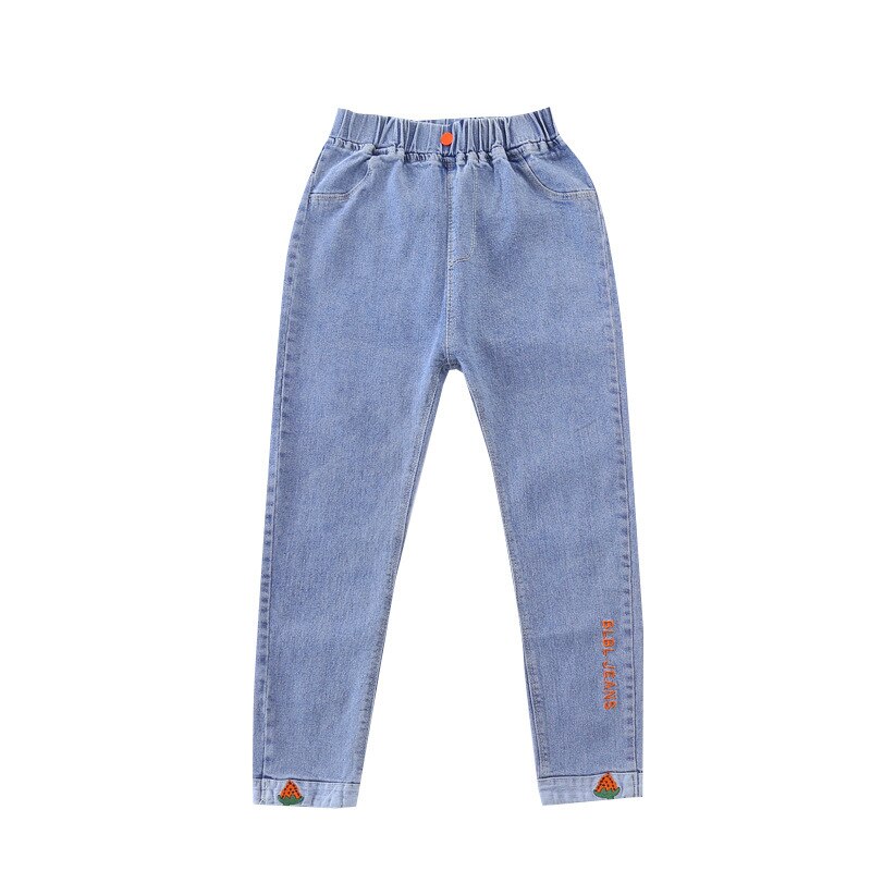 Pantalones vaqueros con bordado de fresa para niña, pantalón informal de coreana, elástico, primavera y otoño: 130-(5-6T)