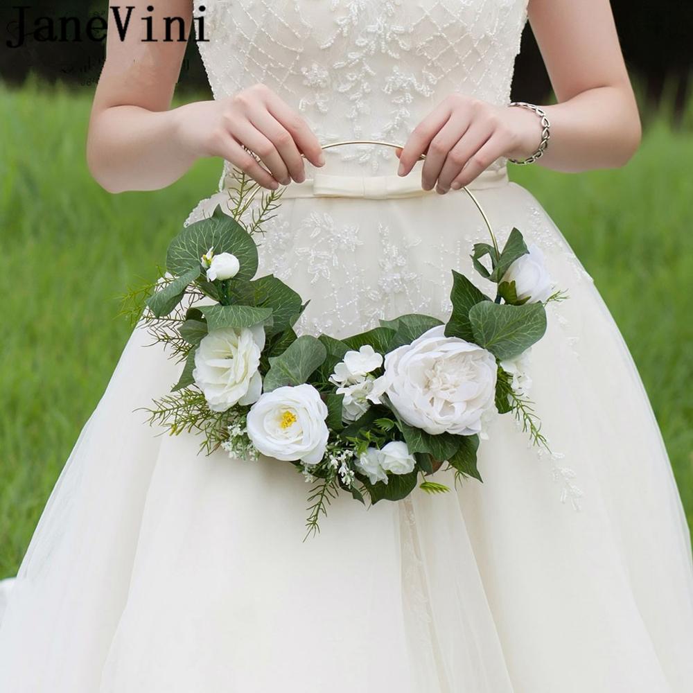 Janevini vit ros brud blomma korg bukett konstgjorda gröna blad runda blommor krans brud bröllop bukett tillbehör