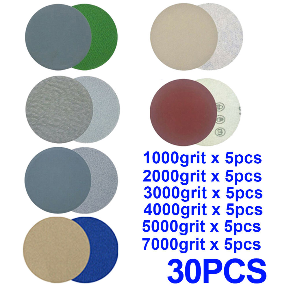 30 discos de lixa de carboneto de silício, à prova d'água, 1000/2000/3000/4000/5000/7000, lixa traseira, ferramenta de papel, areia de água