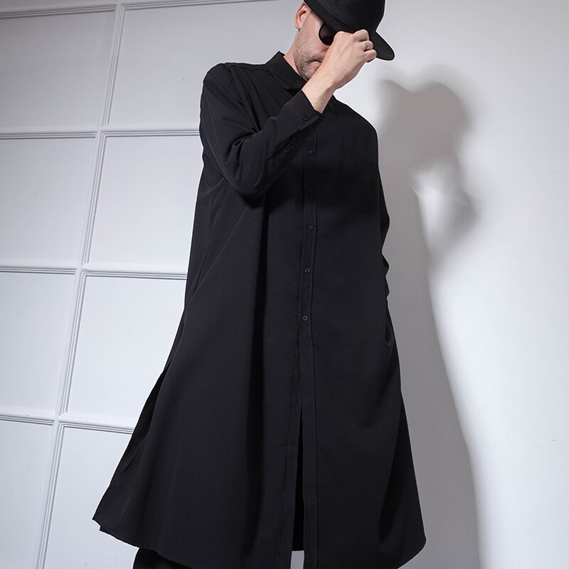 Super Lange Mannen Lange Mouwen Over De Knie Lange Shirt Europese En Amerikaanse Street Style Losse Hip hop Persoonlijkheid Jeugd