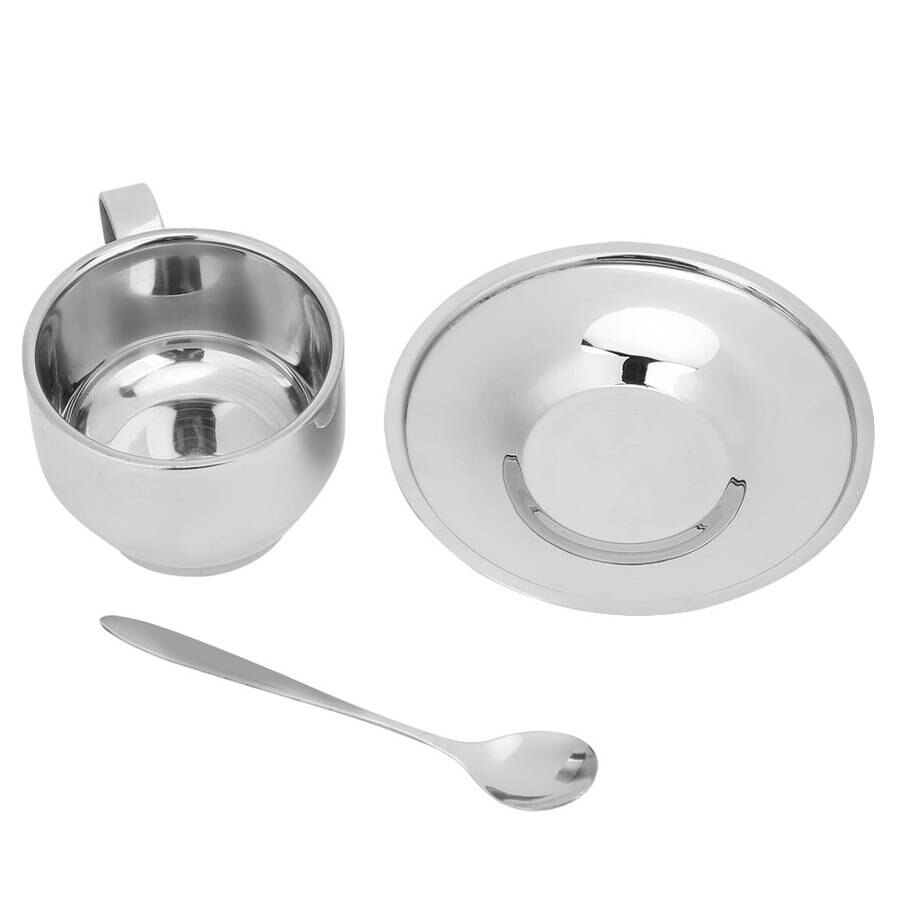 Silver Stainless Steel Anti-Scald Coffee Cup Mugs Espresso Cups with Spoon Saucer Set Tableware