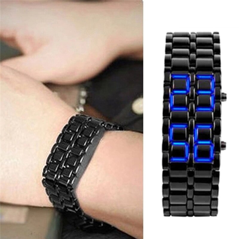 Men Women Lava Iron Samurai Metal LED Faceless Bracelet Watch Wristwatch Full steel Fire digital watch