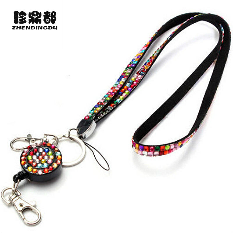 Neck Bling Strass Lanyard Versenkbare Strap Abzeichen Reel Telefon Schlüssel Halter Pullover Kette Lange Anhänger Halskette Glitter