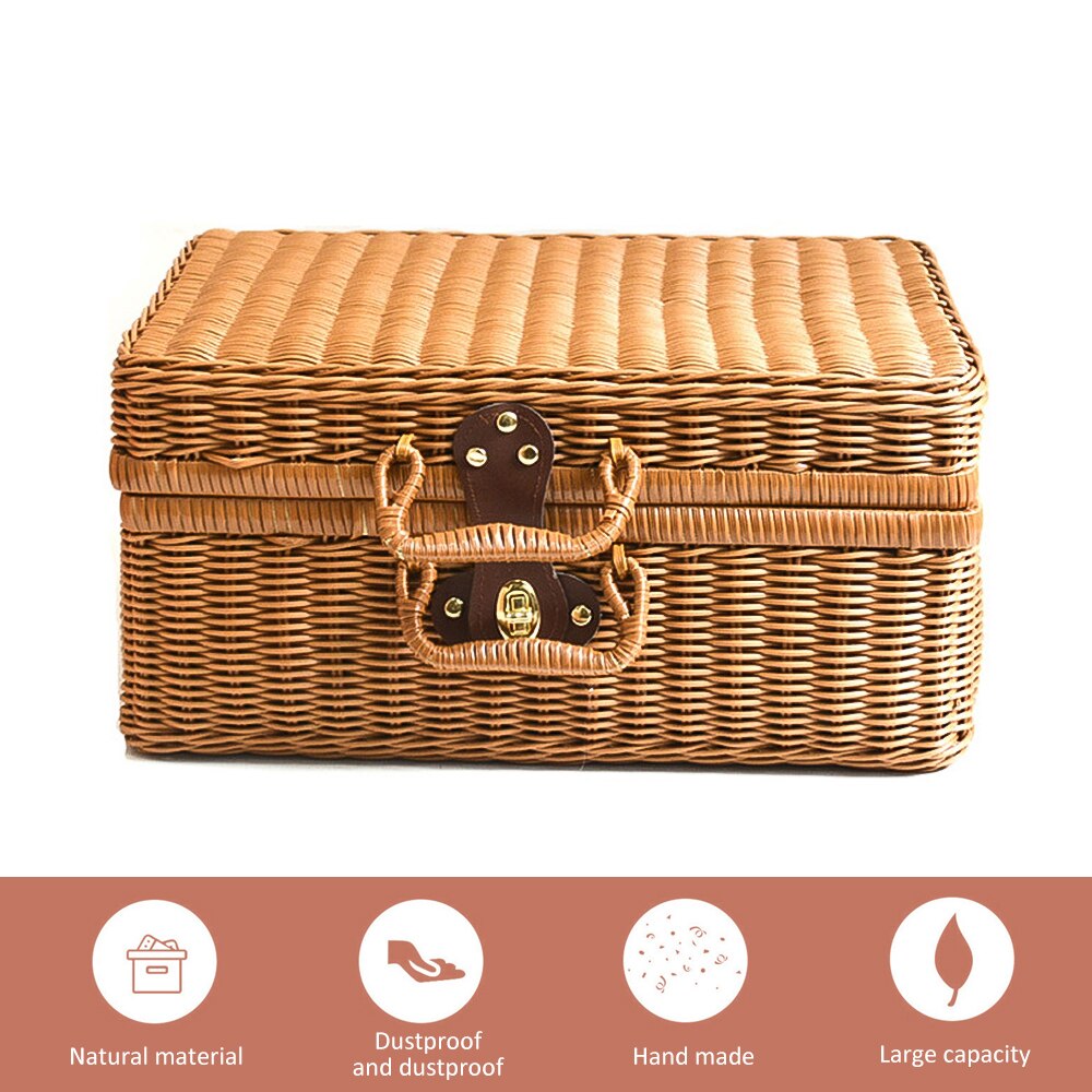 Retro Handwoven Rechthoekige Rieten Handtas, Simulatie Rotan Geweven Koffer Vintage Koffer Opbergdoos Picknick Opbergdoos