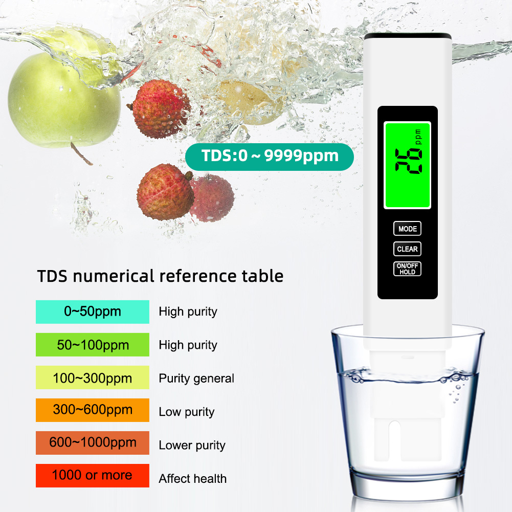 digital Vann tester 4 i 1 - TDS Måler 0-9990 PPM - Bakgrunnsbelyst LCD til Bassenger, Drikkevann, Akvarier