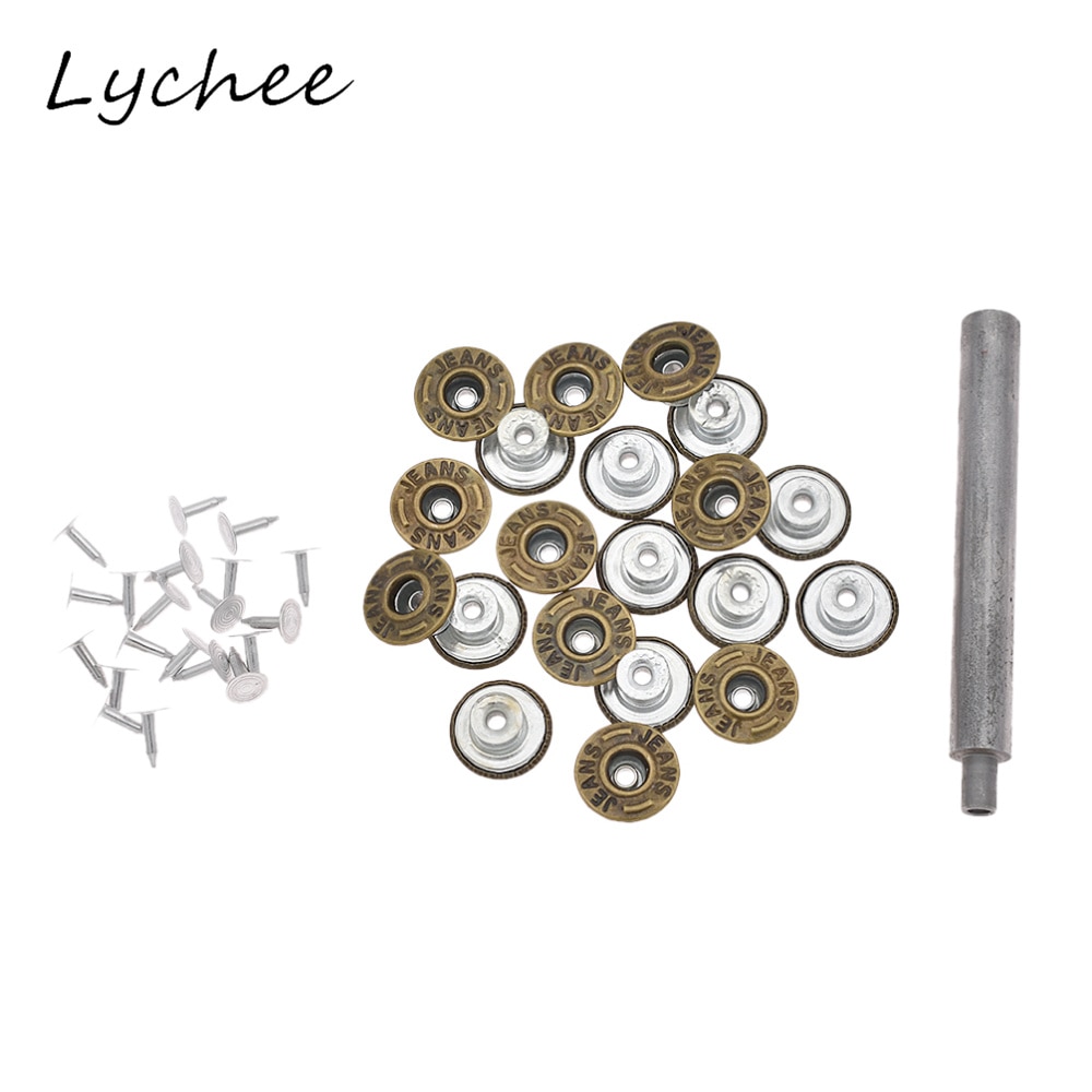 Lychee 20 piezas-remache de botón a presión para pantalones vaqueros clásicos, herramienta de instalación, prenda de mezclilla, botones de decoración