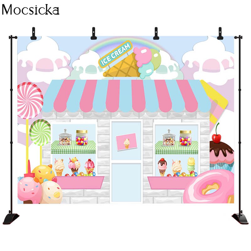 Candy Bar Ice Cream Parlor Celebration Background Baby Birthday Photography Background Photobooth Banner Cake Table Decorations