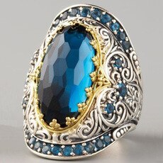 Milangir Big Blue Stone Ring for Men Punk Jewelry Carved Pattern Knuckle Rings Men Championship Rings