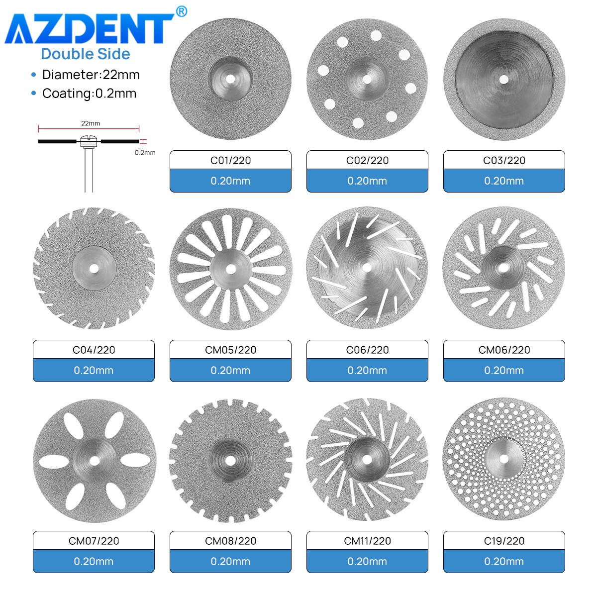 AZDENT 11 Sizes Dental Lab Diamond Disc 0.20mm Ultra-thin Double Side Grit Disk Cutting Tool Dia 22mm Polisher Dentistry Dentist