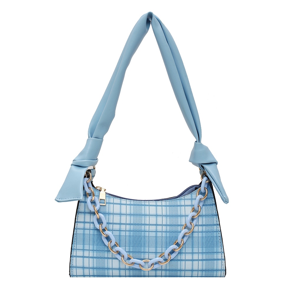 retro Plaid Frauen Handtasche Tote Krawatte Knoten Kette Dame PU Unterarm Schulter Tasche: Blau