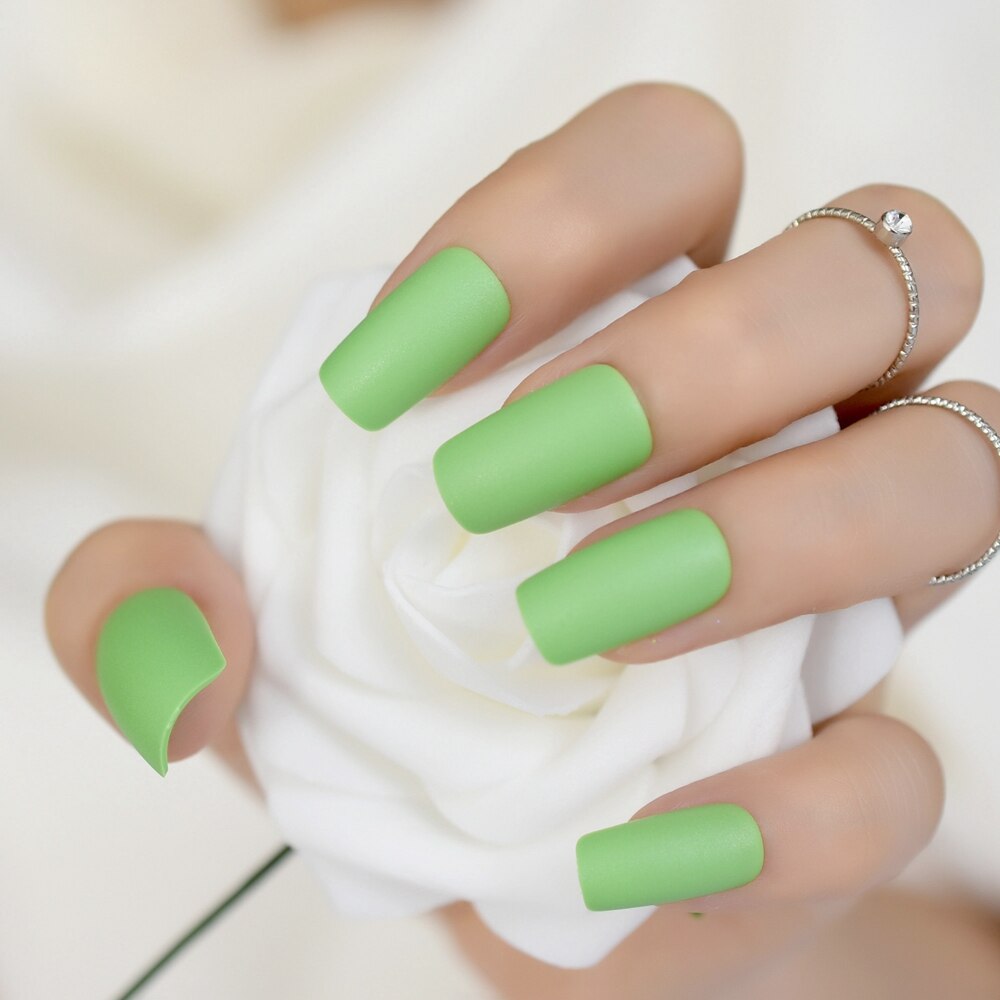 Uñas postizas instantáneas esmeriladas, uñas artísticas cuadradas verdes mate, DIY, puntas de uñas artificiales de medio-largo para mujer a elegir