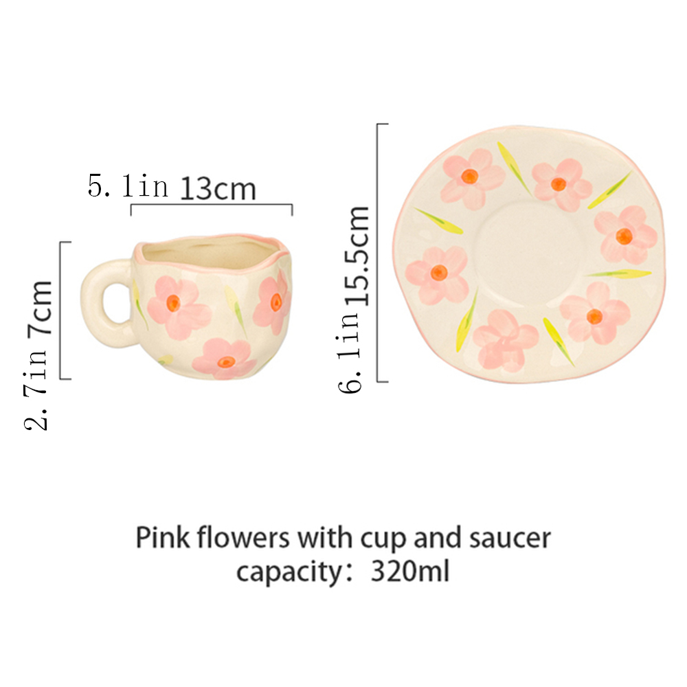 Tasse d'art en céramique avec soucoupe, tasse à eau en céramique avec pince à main, tasse à café, ensemble de tasse à jus de lait pour le petit déjeuner,: Pink flowers set