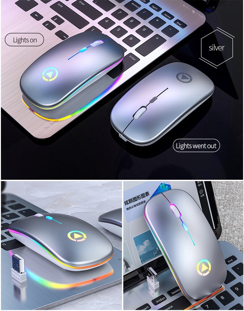 kabellos Spielen Maus USB Aufladbare Computer Mäbenutzen mit LED Stille Mause hinterleuchtet Für PC Laptop Computer: Sliver