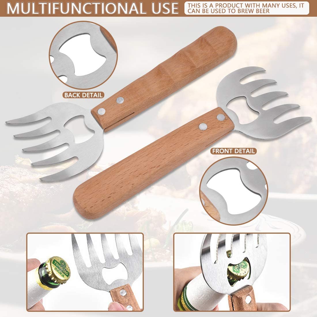 Bjørn klo kød splitter rustfrit stål kød shredder 2 i 1 kød gafler øl flaskeåbner til svinekød oksekød kylling grill bbq gadget