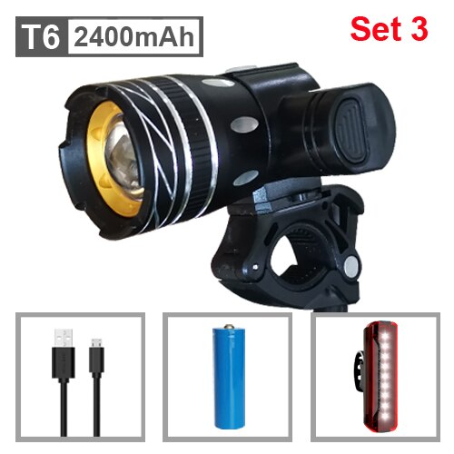 NEWBOLER 800LM Taschenlampe Für Fahrrad T6 Zoom LED Scheinwerfer USB Ladung Fahrrad Front Licht Set Wasserdicht Rücklicht Bike Accessorys: 2400mAh Set 3