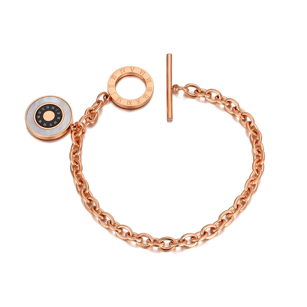 Lokaer Titanium Aço Inoxidável Branco Shell Círculo Charme Pulseiras Para Mulheres Bohemia Trendy Numerais Romanos Pulseira Cadeia B20077: Cor de rosa de Ouro