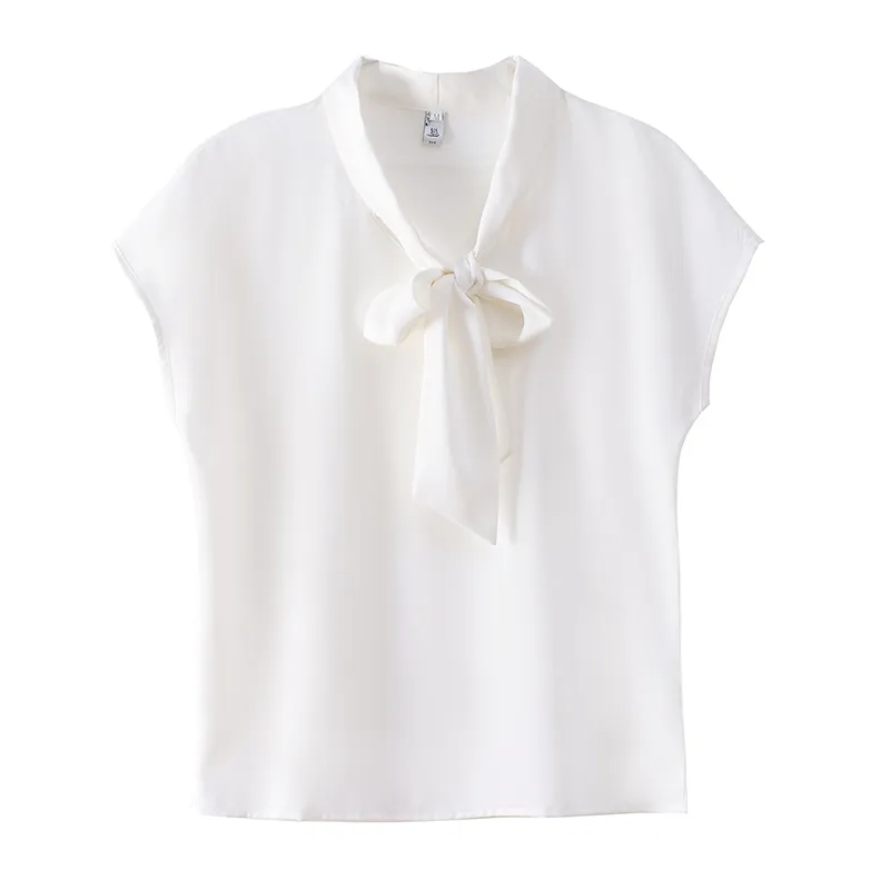 Blusa con pajarita para mujer, blusas elegantes OL, Tops de satén para mujer, ropa femenina de seda, blusa de manga corta de coreana 2023