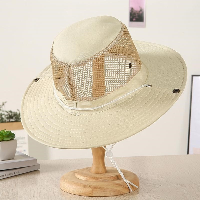 Zomer Koele Bergbeklimming Cap Mesh Ademende Mannen Zonnehoed Grote Rand Buiten Vizieren Vissen Effen Kleur Mannelijke Vissershoeden: Beige