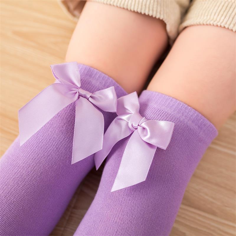 Medias hasta la rodilla para niños y niñas, medias rectas sin talón, color puro, con lazo encantador, medias hasta la rodilla