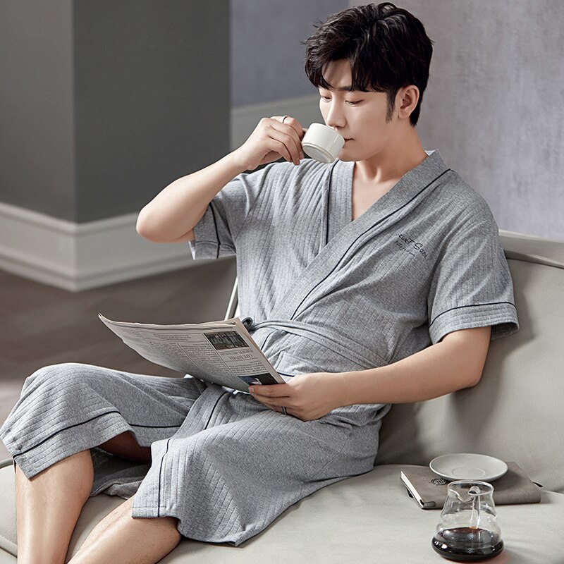 Bata de baño de algodón de talla grande para hombre, ropa de dormir de manga corta con cuello en V, cárdigan, informal, suave, para verano, L-4XL