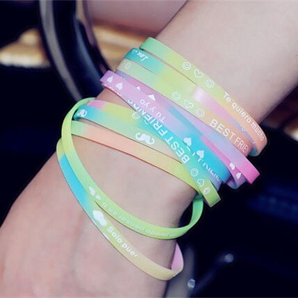 Pulsera de silicona con estampado de letras de colores variados para hombre y mujer, brazalete de Amistad de goma elástica de 5mm, joyería para hombre y mujer MB192, 20 Uds.: Luminous random