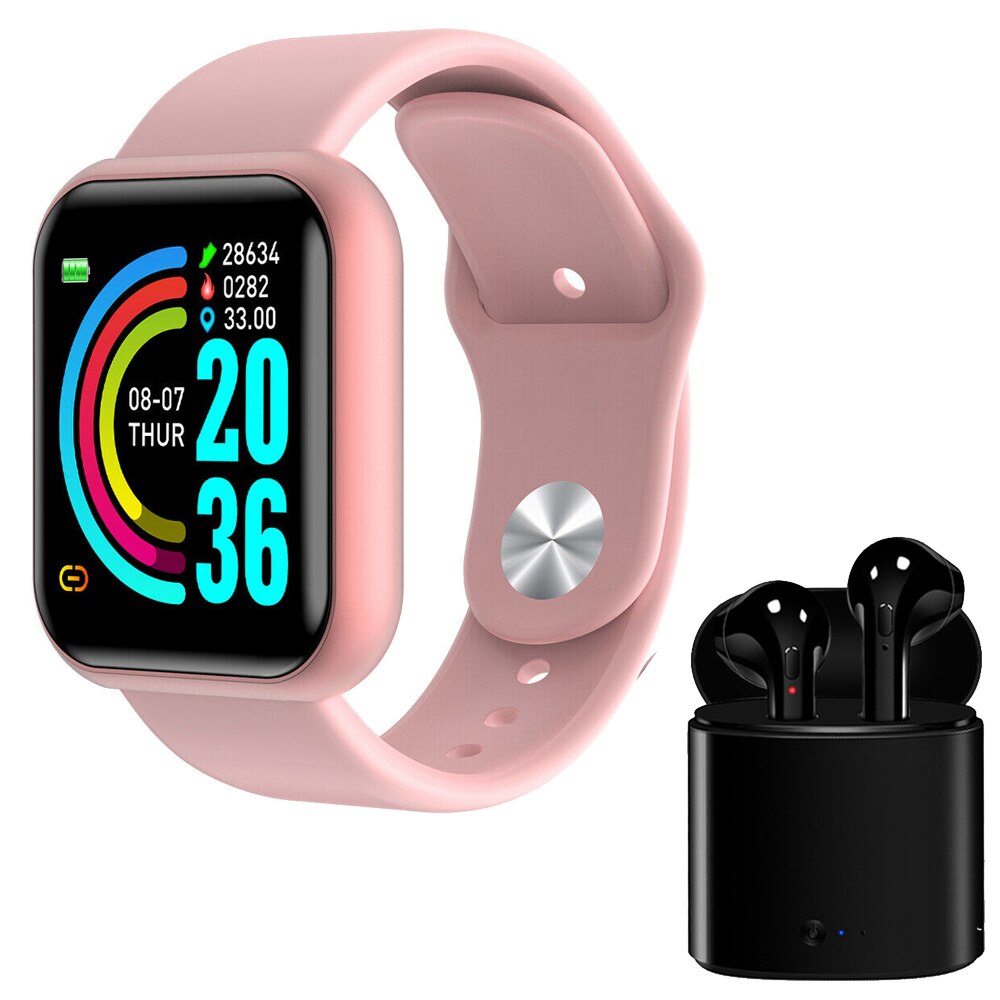 Y68 D20 Smart Watch Pro Bluetooth Blood Pressure Fitness Tracker Watches Heart Rate Monitor Smartwatch For Apple IOS Android: D20 Pink  i7 Black