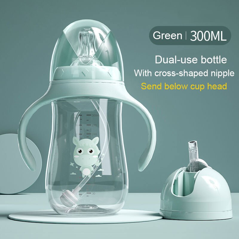 Baby Flessen Drinkbeker Zuigfles Brede Kaliber Multifunctionele Melk Drinken Water Tweeërlei Gebruik Fles Bpa Gratis: Green 300ml cup head