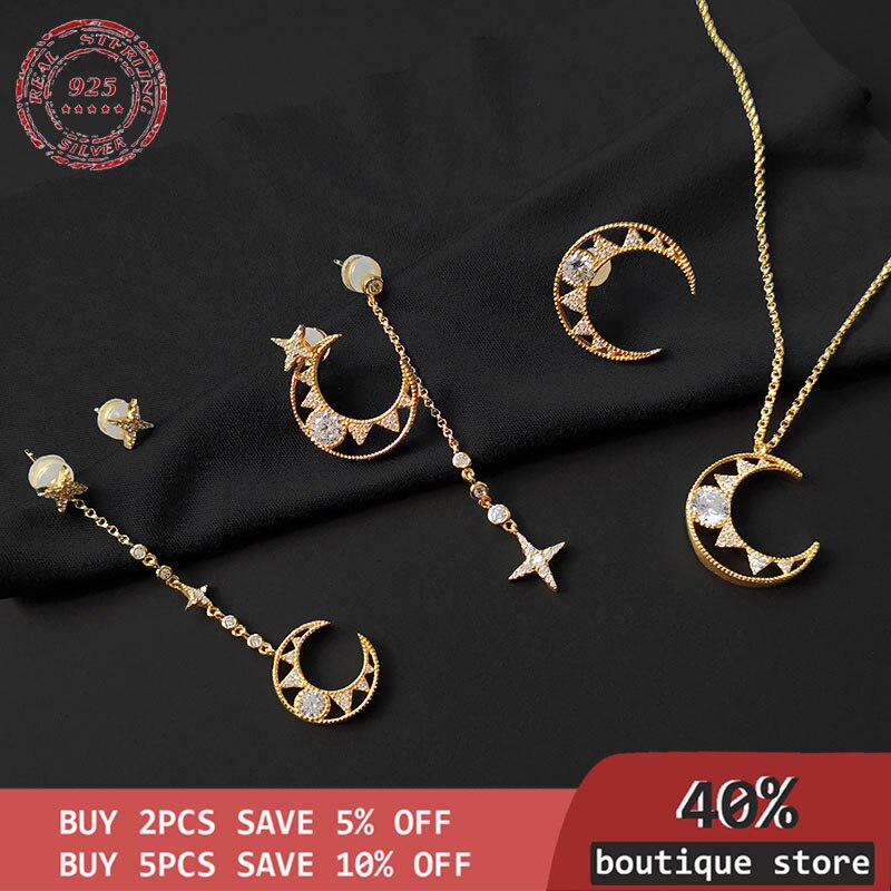 S925 Zilveren Ster En Maan Ketting Asymmetrische Maan Persoonlijkheid Oorbellen Mode Monaco Vrouwen Sieraden
