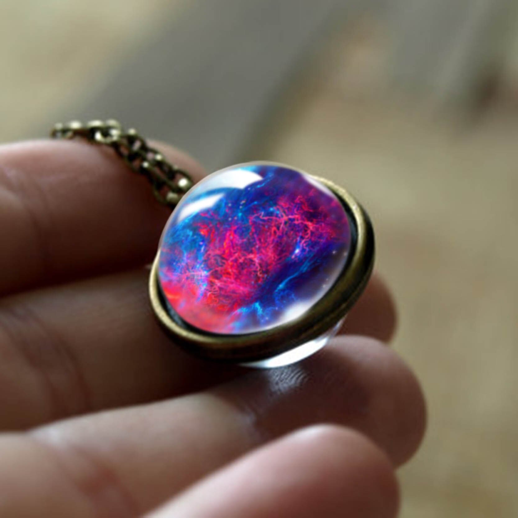 Nebula Galaxy Double Sided Pendant Necklace Universe Planet Jewelry Glass Art Picture Handmade Statement Necklace: LGS0032