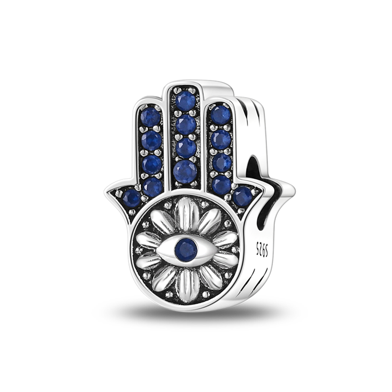 Hamsa-abalorios de mano de plata 925 auténtica, amuleto de mano de fátima con ojos azules de la suerte, compatible con pulsera Original, joyería: KTC212