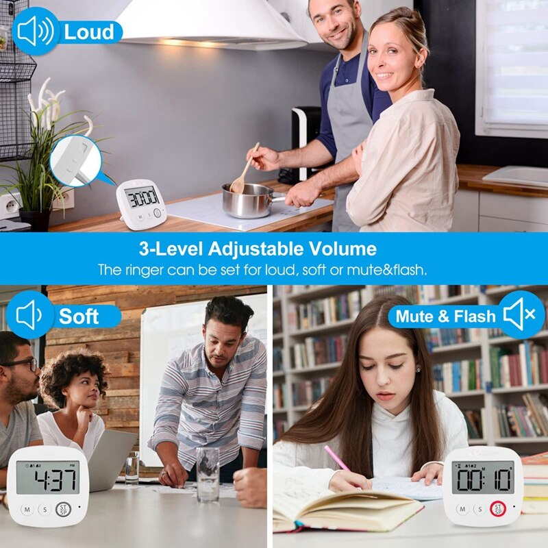 Digital Timer with Alarm Clock Countdown Kitchen Cooking Timer Big Digits Magnetic, Stand, Hang for Baking Teacher Study