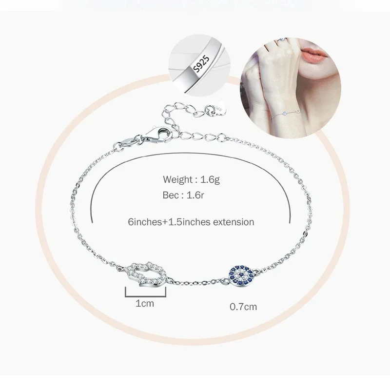 TONGZHE – Bracelet main mauvais œil Hamsa en argent Sterling 925 pour femme, bijoux turcs, bleu porte-bonheur