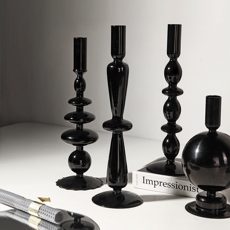 Portavelas de vidrio Retro moderno para el hogar, sala de estar, mesa de cristal negro, Románticas velas, adornos creativos de decoración