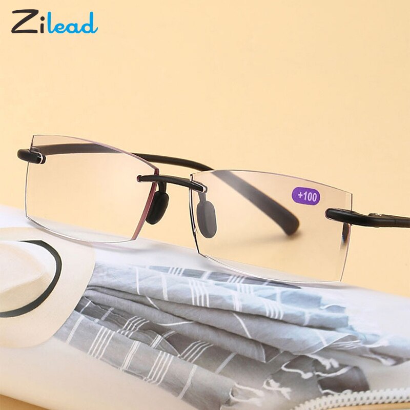 Zilead Anti Blue Light Presbyopic Glasses Frameless Clear Lens Comfortable With Spectacle Case For Women Men +4.0