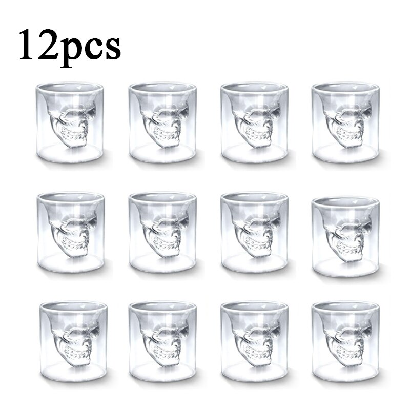 16pc Double Glass Beer Whiskey Vodka Wine Water Champagne Cocktail Wine Glass Coffee Milk Mug set 25ML Transparent Skull Cup: 12PC skull cup 25ML