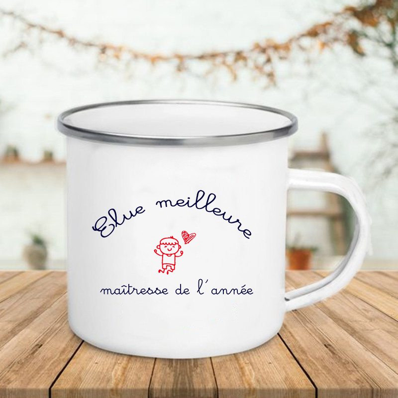 Taza de esmalte con estampado francés, tazas creativas de café, té, bebidas, postre, desayuno, leche, ASA, vasos, los mejores para profesores: XH3774-A015WH-8