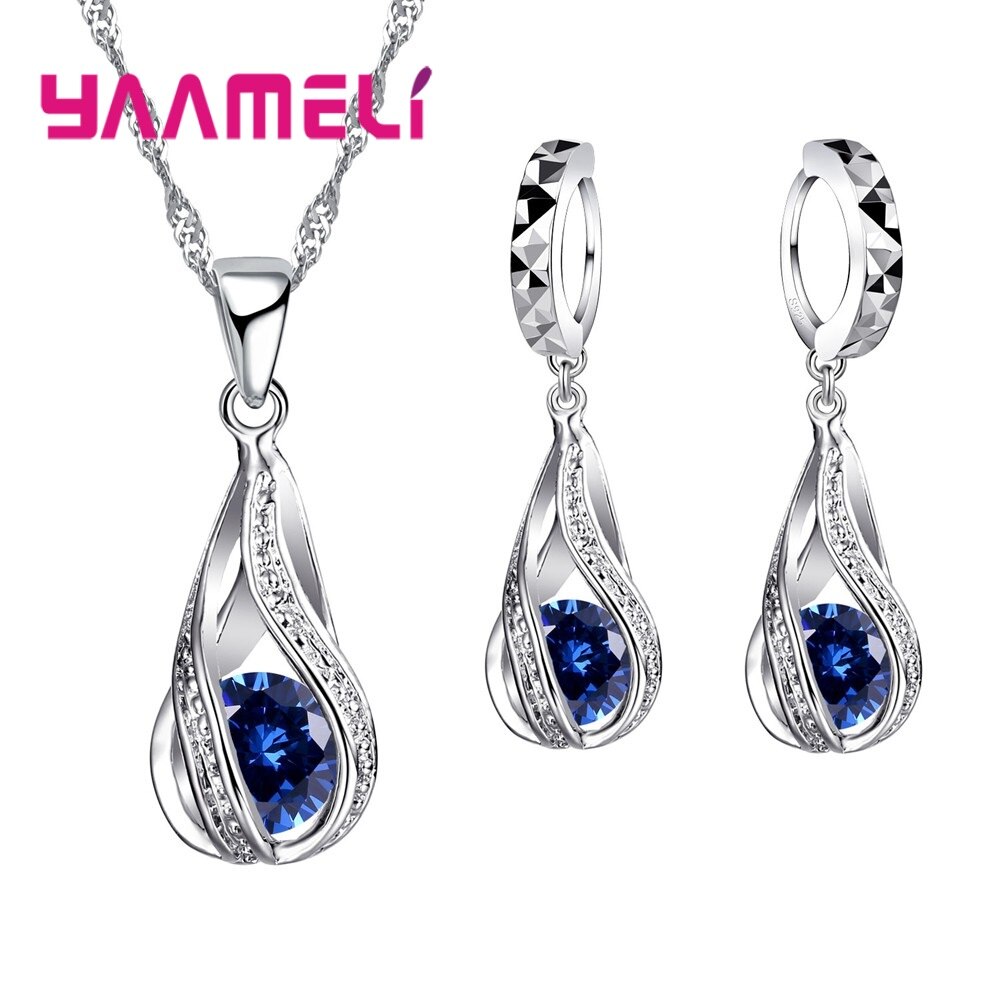 Sparkling Water CZ Crystal Necklace Earring Set 925 Sterling Silver Engagement Wedding Jewelry Set For Valentines Day