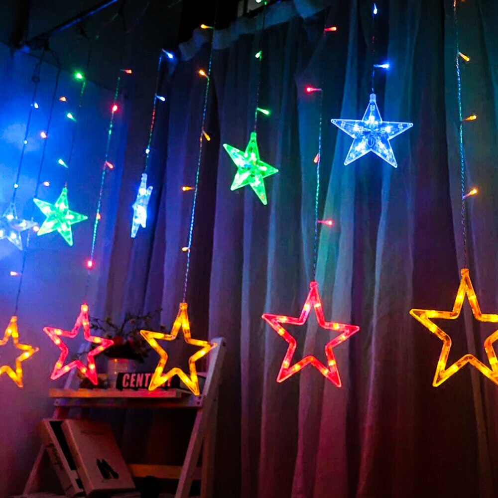 2.5M 3.2M 8 Work Modes Christmas Decoration garland LED Fairy Lights Star And Moon Curtain Light String Party Decor Lamp: Star colourful 2M