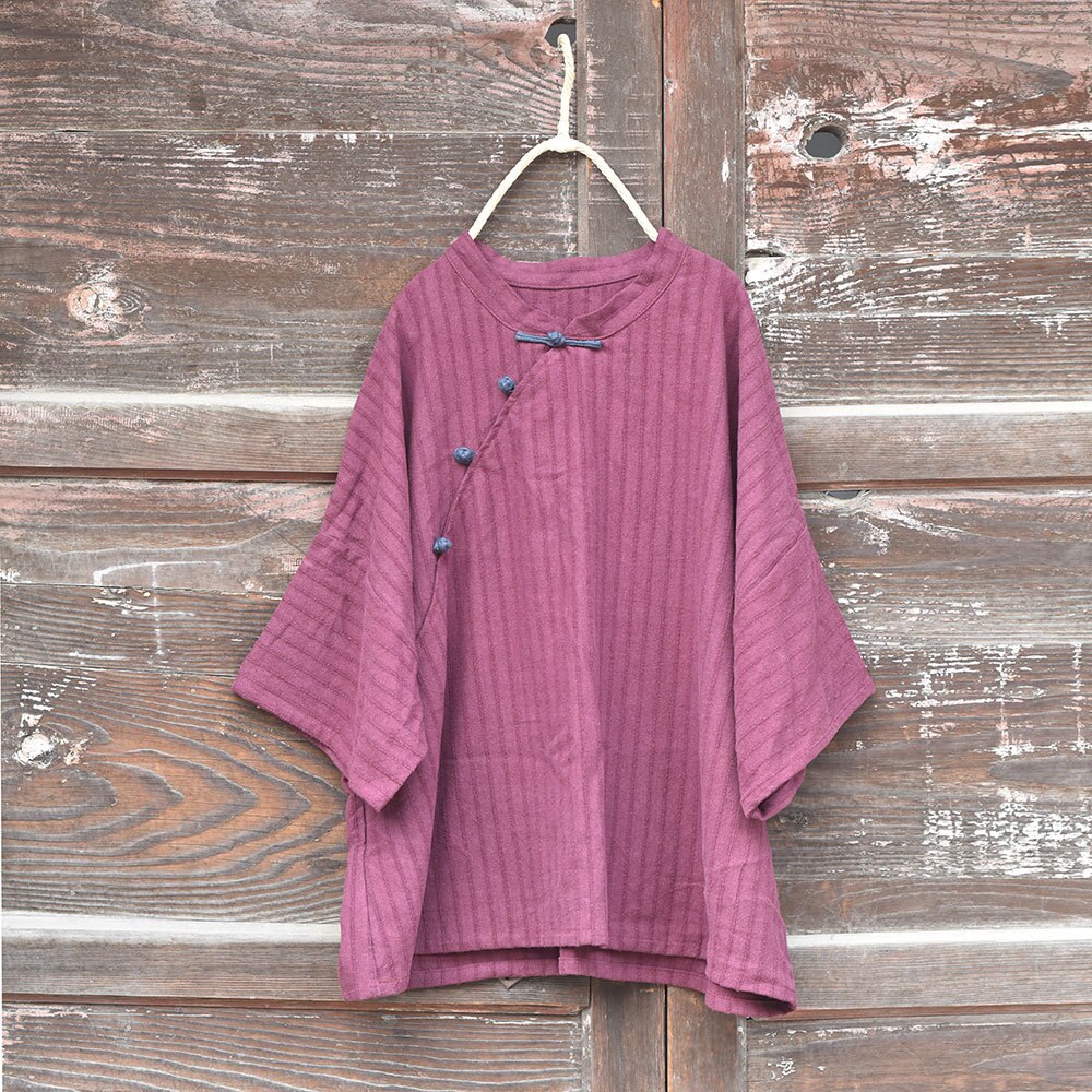 Women Loose Cotton Linen Striped Blouse Tops Female Summer Autumn Stripes Shirt Blouses Ladies Stand Collar Shirt