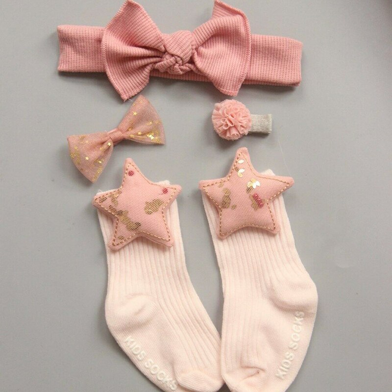 Newborn Baby Socks Headband Set Toddler Kids Crib Ankle Socks Hair Band Bow Hair Clip Set Princess Cute Lovely
