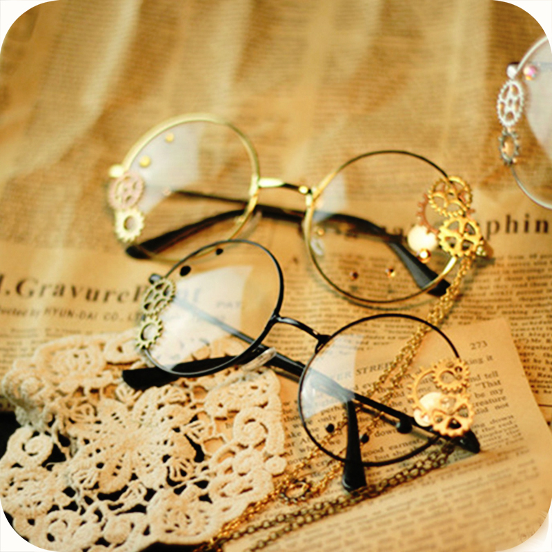 Gafas de Cosplay Steampunk para niñas, lentes con montura óptica, engranaje de Metal con cadena, Retro, Lolita