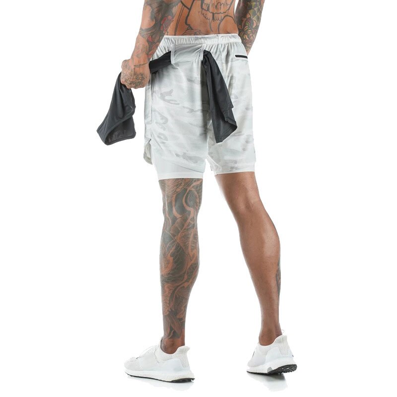 Männer lässig 2 in 1 Laufhose Schnell Trocknend Sport Hosen Fitnessstudio Bodybuilding Gebaut-in Tasche kurze Hose: Weiß / M