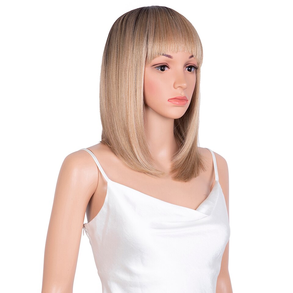 Raising Synthetic Blonde Hair Wig With Bangs Straight Hair Bob Wigs For Black Women 14 Inches Short Hair Full Machine Wig