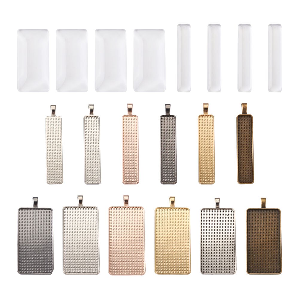 Zestawy DIY prostokątne tworzenie wisiorów, obejmują ustawienia Cabochon ze stopu, przezroczyste szklane kaboszony