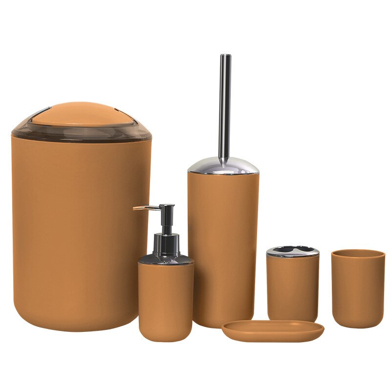 6 stk badeværelse tilbehør sæt tandbørsteholder kop sæbe dispenser fad toilet børste skraldespand plast tumbler kop vaskerum værktøj: Brun