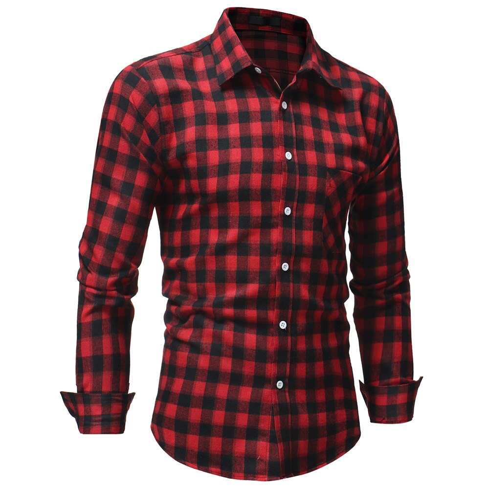 Plaid Shirt Autumn Winter Red Checkered Shirt Men Shirts Long Sleeve Chemise Homme Cotton Male Check Shirts